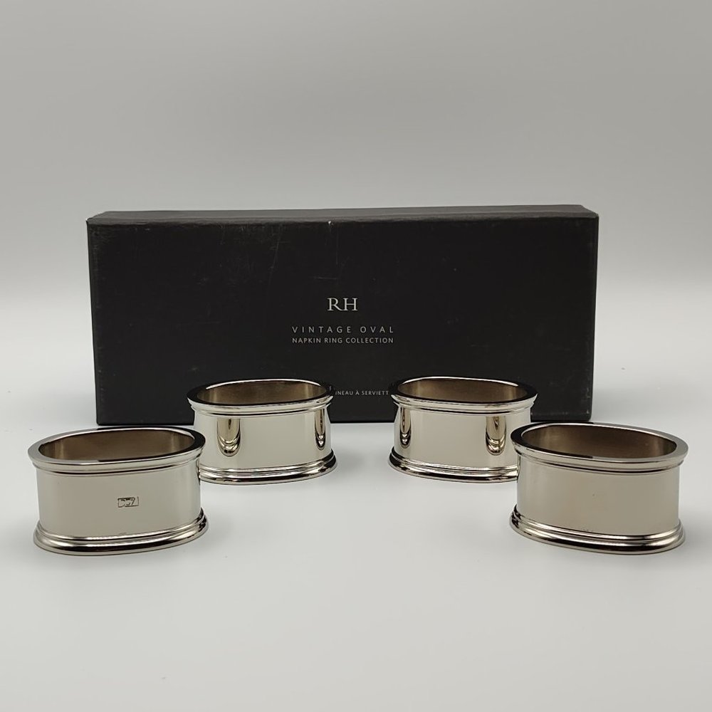 Restoration Hardware RH Set Of 4 Vintage Oval Polished Nickel Napkin Rings - NIB